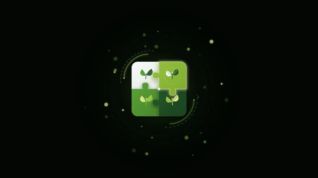 Green ecology app icon with butterflies and puzzle pieces floating on black background with glowing particles and circular rings