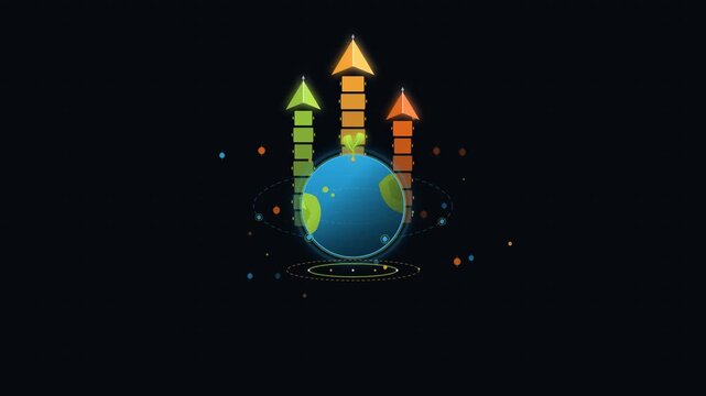 Stylized earth globe with green continents and rising colorful upward arrows depicting ecology, carbon footprint, and environmental sustainability metrics on dark background in flat 2D animation loop