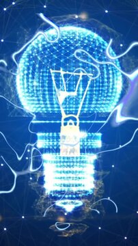 Animation of energy waves over light bulb and networks on blue