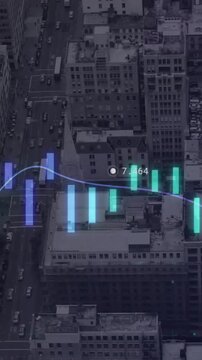 Animation of financial data processing over statistics and city