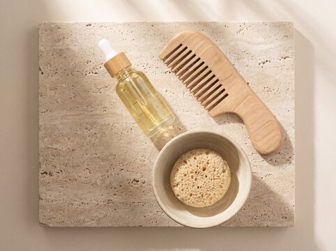 Serene overhead flat lay of eco-friendly beauty products under natural morning sunlight. No labels or branding, organic textures and earth tones