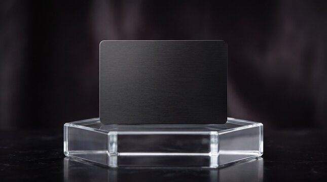 A blank black metal business card resting on a clear acrylic hexagonal pedestal, set ad social media download thambnail poster web template event festival 2026 2027 2028