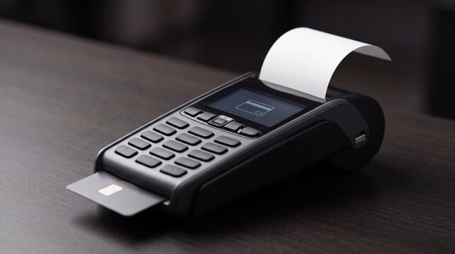 A black electronic payment terminal sitting on a dark wooden surface with a white receipt ad social media download thambnail poster web template event festival 2026 2027 2028