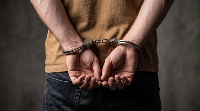 Rear view close-up of a man wearing a brown shirt and jeans with his hands handcuffed behind his back against a dark textured wall, representing arrest and legal justice.