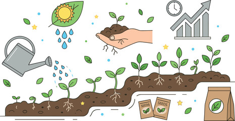 Naklejka premium Plant Growth Stages and Organic Farming Vector Concept with Watering Can, Sprout, and Investment Growth Chart