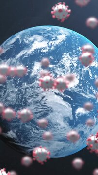 Animation of covid 19 cells floating over planet earth