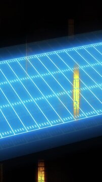 Animation of neon stadium over light trails on black background