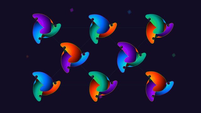 Abstract vibrant gradient pinwheel pattern animation with rotating tri-blade shapes and smooth color cycle, kaleidoscope geometric motion graphic on dark background