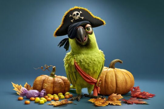 Cute Pirate Parrot Celebrating Halloween with Pumpkins and Candy