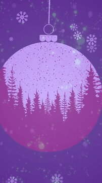Aniamtion of snow falling over fir trees in christmas baubles