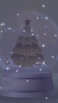 Animation of stars falling over snow globe on grey background