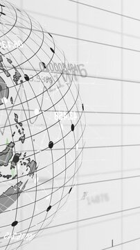 Animation of changing numbers and spinning globe over grid network against white background
