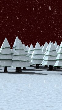 Animation of snow falling over winter night landscape with fir trees