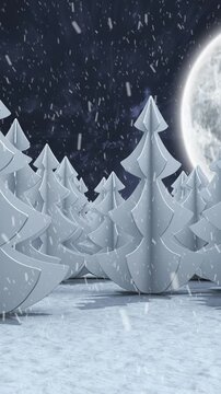 Animation of snow falling over winter night landscape with fir trees