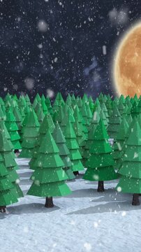 Animation of snow falling over winter night landscape with fir trees