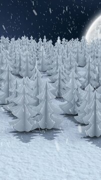 Animation of snow falling over winter night landscape with fir trees