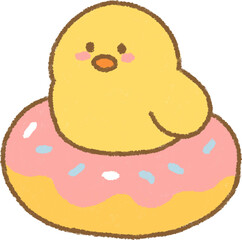 Cute Yellow Chick Sitting on Pink Glazed Donut Flat Vector Illustration © 상미 최