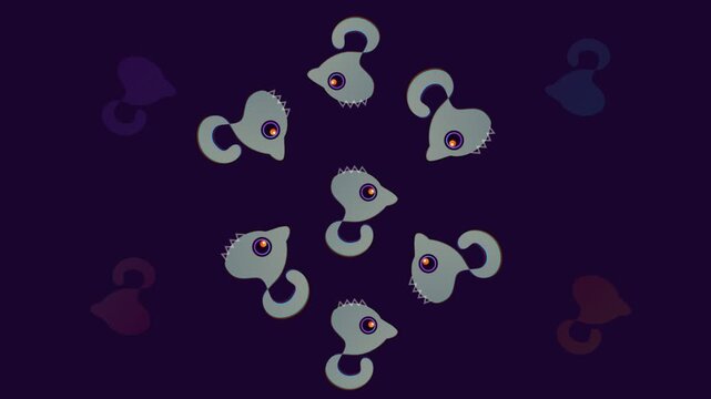 Abstract cartoon pattern animation with color changing kaleidoscope rotation, cute flat monster marine life motion graphic on dark background