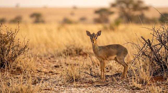 A small dik-dik antelope stands in the dry, grassy savanna of Africa, looking towards the camera