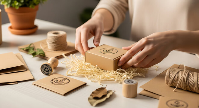 Hands Carefully Packaging a Gift Box Surrounded by Eco-Friendly Materials and Decorative Elements on a Bright Workspace Table