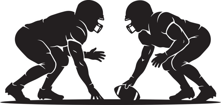 American football players silhouette, competitive athletes in line of scrimmage stance, black and white sports vector illustration