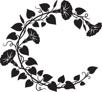 Vintage floral wreath silhouette, morning glory vine border vector, black botanical circular frame for wedding invitations