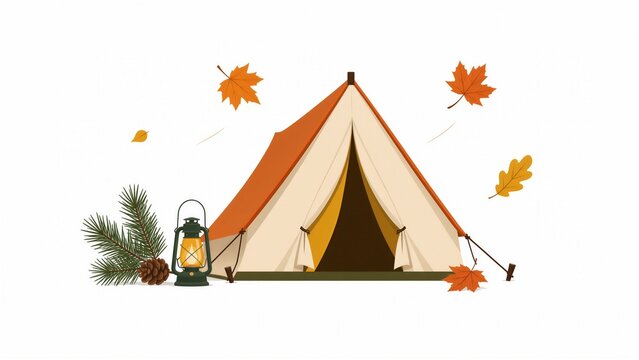 Autumn camping tent illustration with falling leaves and vintage lantern on white background