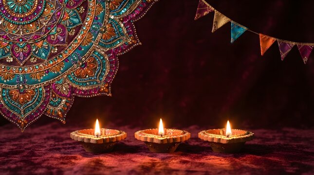 Three lit diya oil lamps arranged with a colorful mandala pattern and festive bunting flags