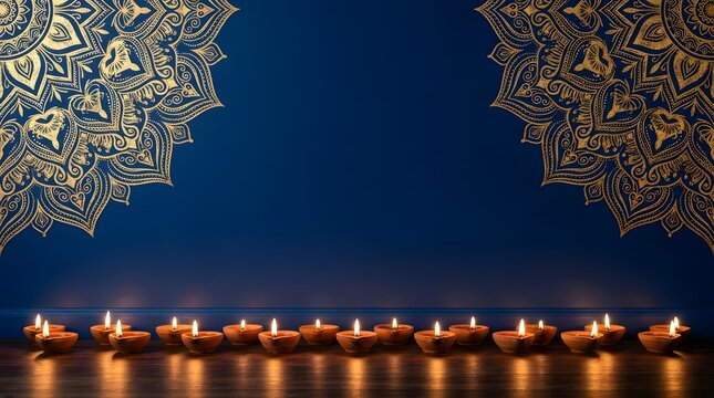 Row of glowing traditional clay oil lamps on a wooden floor against a dark blue wall with golden mandala patterns for diwali festival celebration