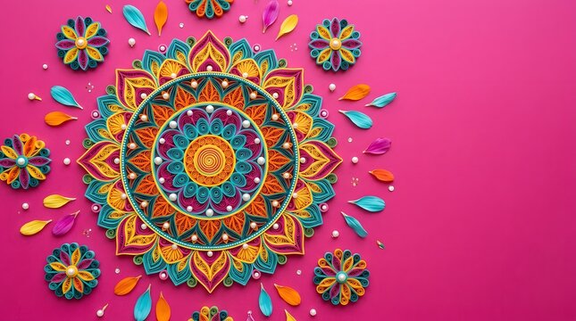 Beautiful paper quilling mandala art with colorful floral patterns and scattered petals on a vibrant pink background, top view