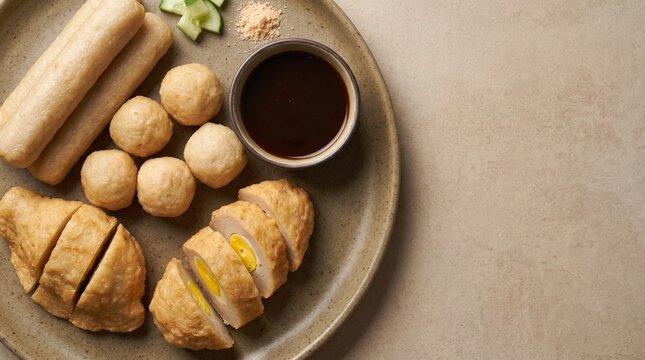 A realistic selection of Palembang pempek varieties with cuko sauce, styled for culinary catalogs, tourism campaigns, restaurant branding, and editorial food content.