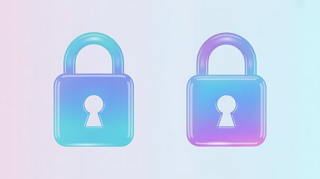 Glass holographic padlock icon 3d render. Crystal gradient set of locked and unlocked lock in different angles. Safety and secure symbol for web design. Protection and privacy concept 