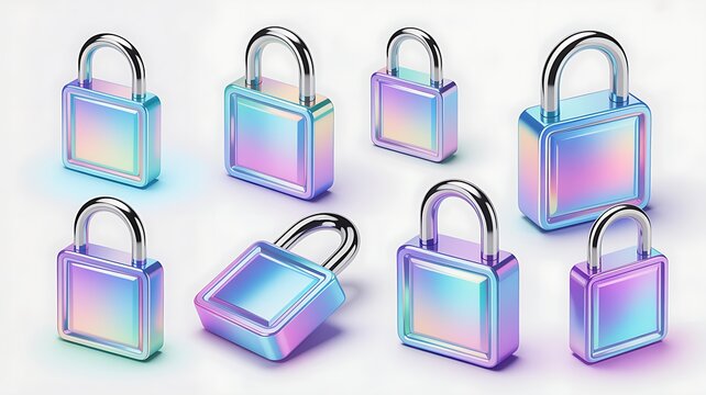 Glass holographic padlock icon 3d render. Crystal gradient set of locked and unlocked lock in different angles. Safety and secure symbol for web design. Protection and privacy concept 