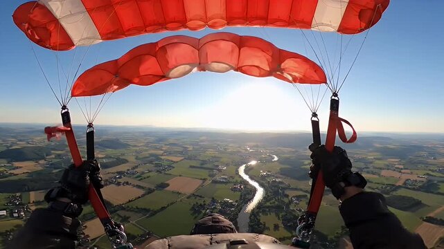 POV skydiver flying with orange parachute over rural landscape at sunset