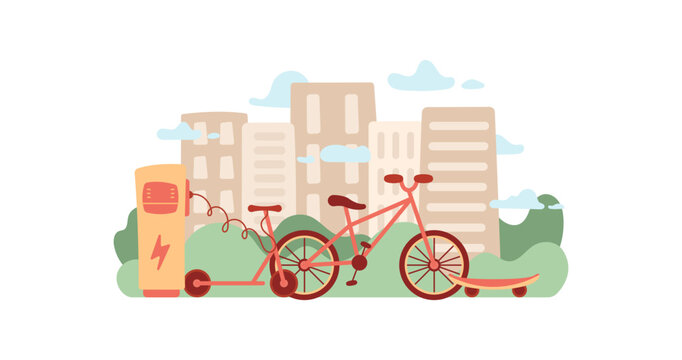 Eco electric transport in flat city scene. Green mobility as bicycle, electric scooter and vehicle stand near station. Friendly environment concept for sustainable future and clean ecology