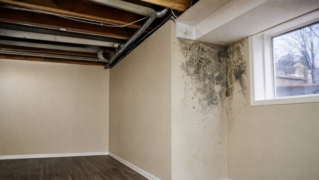 Black mould at a basement wall ceiling junction