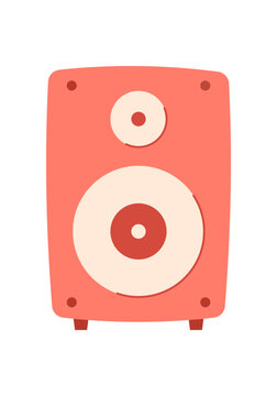 Flat red soundbar with soft minimal look. Modern loudspeaker as simple music icon and coral home audio box. Vertical sound cabinet in beige and red tone for sound technology poster entertainment