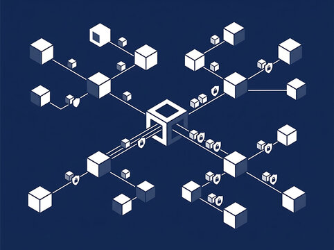 Isometric blockchain network with secure data nodes on blue background