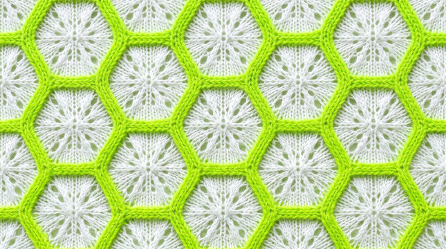 Bright lime green hexagonal knit pattern with white lacy snowflake inserts on a white background