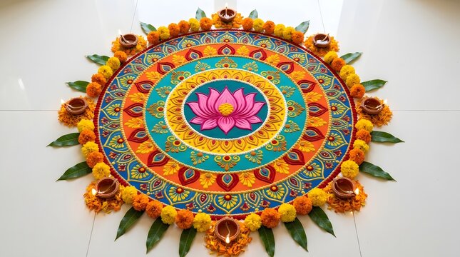 Traditional circular lotus rangoli with lit diyas, marigold flowers and mango leaves, isolated on white background