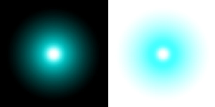 Abstract glowing cyan light orb isolated on both black and white backgrounds for graphic design and special effects