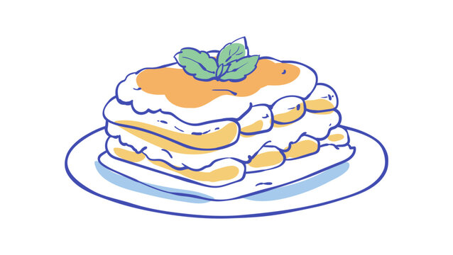 Coquette tiramisu dessert on plate, italian dolce cake food icon in watercolor illustration with soft ink line style. Cute cafe graphic for menu design, brunch picnic image and vintage restaurant art