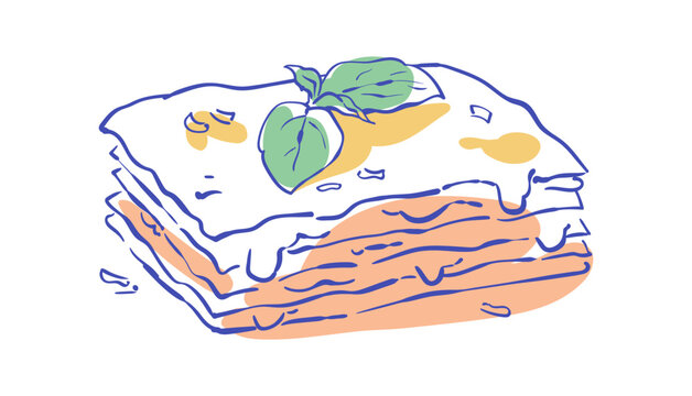 Coquette mediterranean lasagna doodle with basil and cheese in a cute hand drawn italian pasta style. Tasty lasagna dinner food illustration for restaurant menu design and meal graphic on white