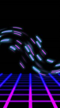 Animation of pink shapes moving and blue squares on black background