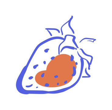 Cute whimsical strawberry line sketch on blue background. Coquette fruit doodle as minimal icon with bold color. Playful hand drawn berry for cafe card, breakfast menu art and sweet dessert print