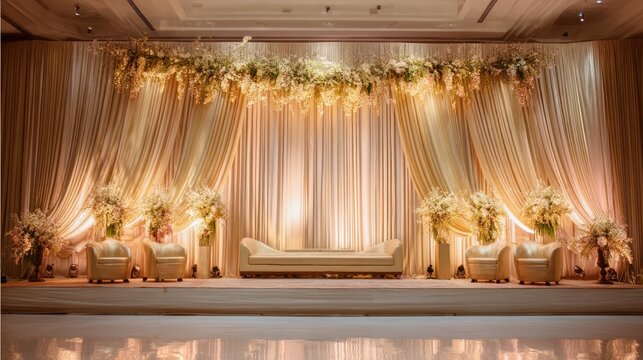 Elegant stage, cream curtains, floral arrangements, seating, and focused lighting