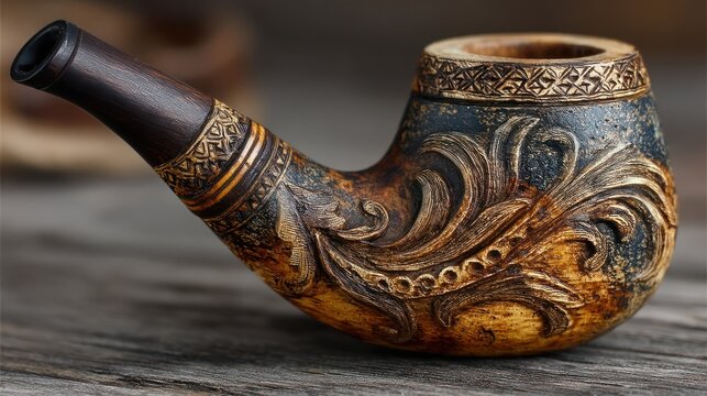 Intricately carved, artisanal smoking pipe with detailed floral and geometric designs