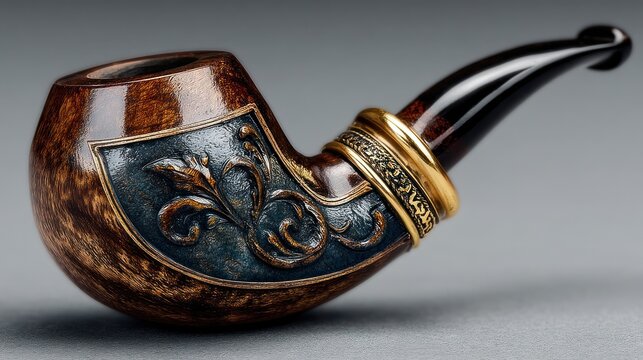 Intricately carved smoking pipe with dark stem and ornate details, set against a grey backdrop