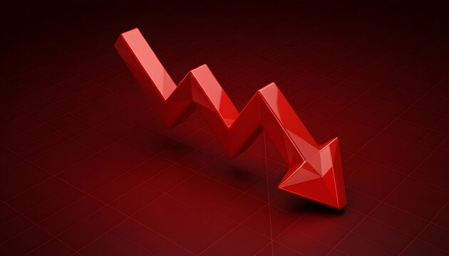 A red 3d downward trending arrow on dark background