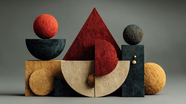 Abstract composition of geometric shapes with textured surfaces, staged on a gray backdrop
